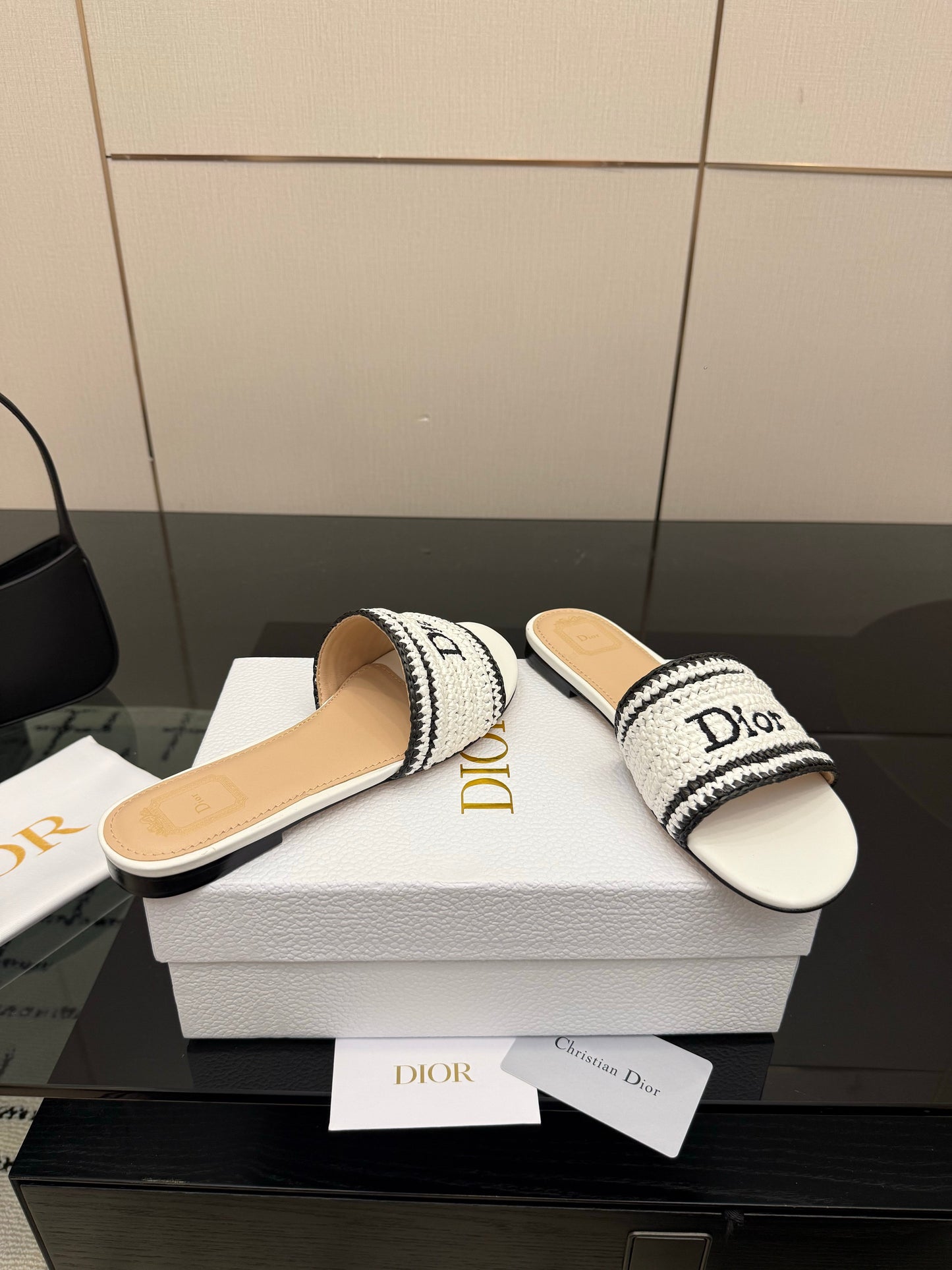 CD Dioriviera Woven Slides White Fabric Goatskin 828267