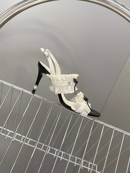 CC Ruffled Bow Slingback Heels Black White Fabric Lambskin 962968