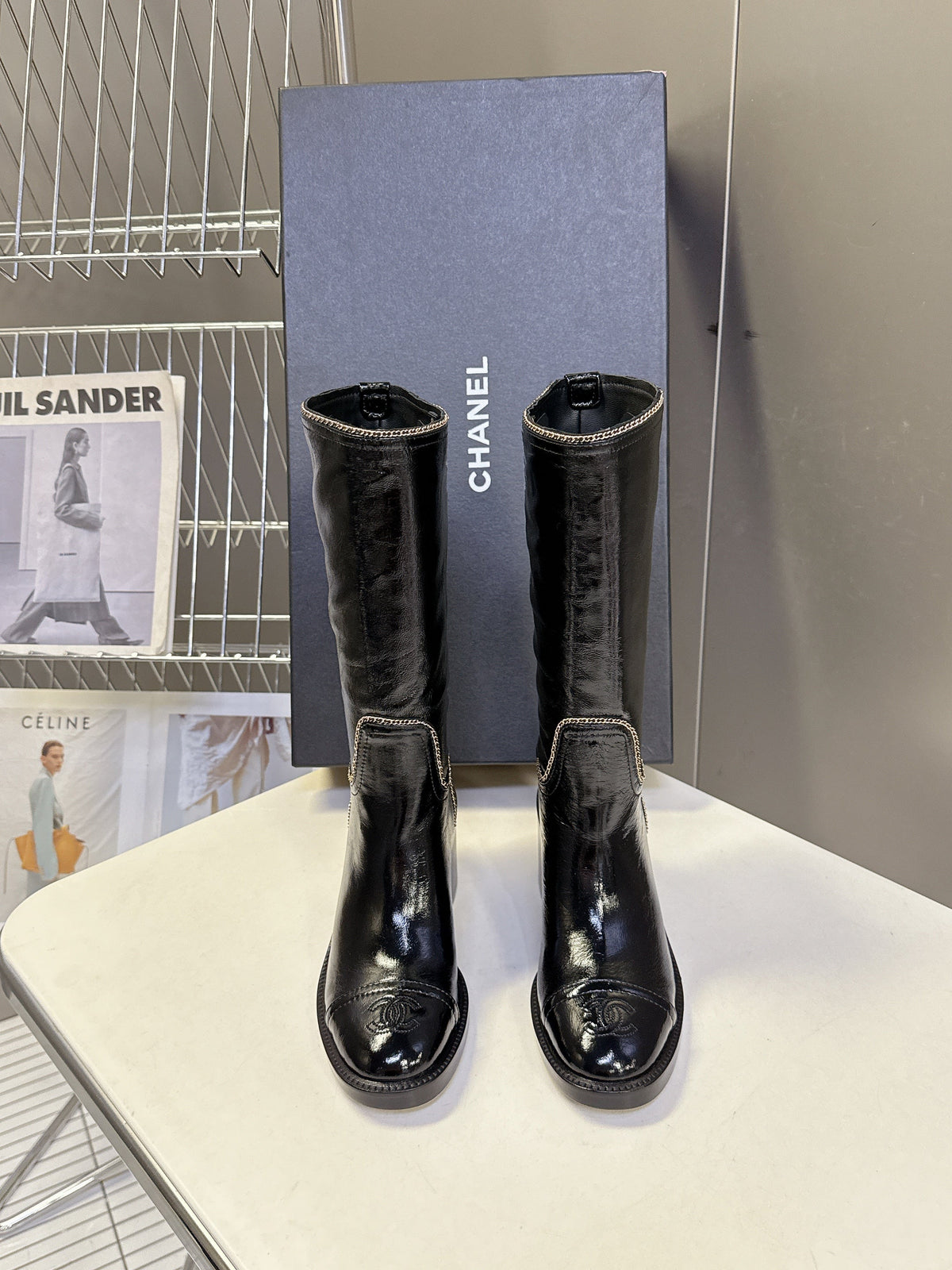 CC 26s Chain-Embellished Long Boots Black Glossy Lambskin 948052