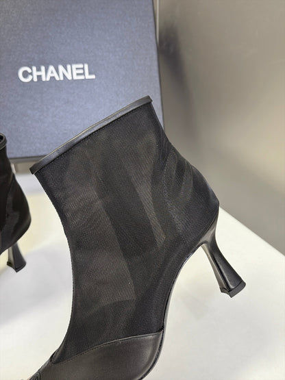CC 26S Pointed Ankle Boots 5cm Black Mesh Leather 113930