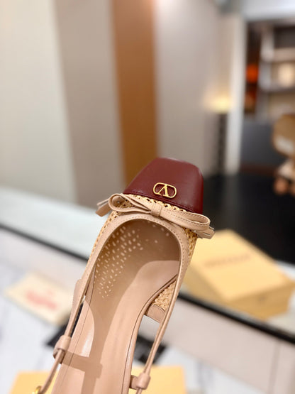 VT 26s Valet Du Roi Slingback 6cm Beige Burgundy Raffia Leather 985450