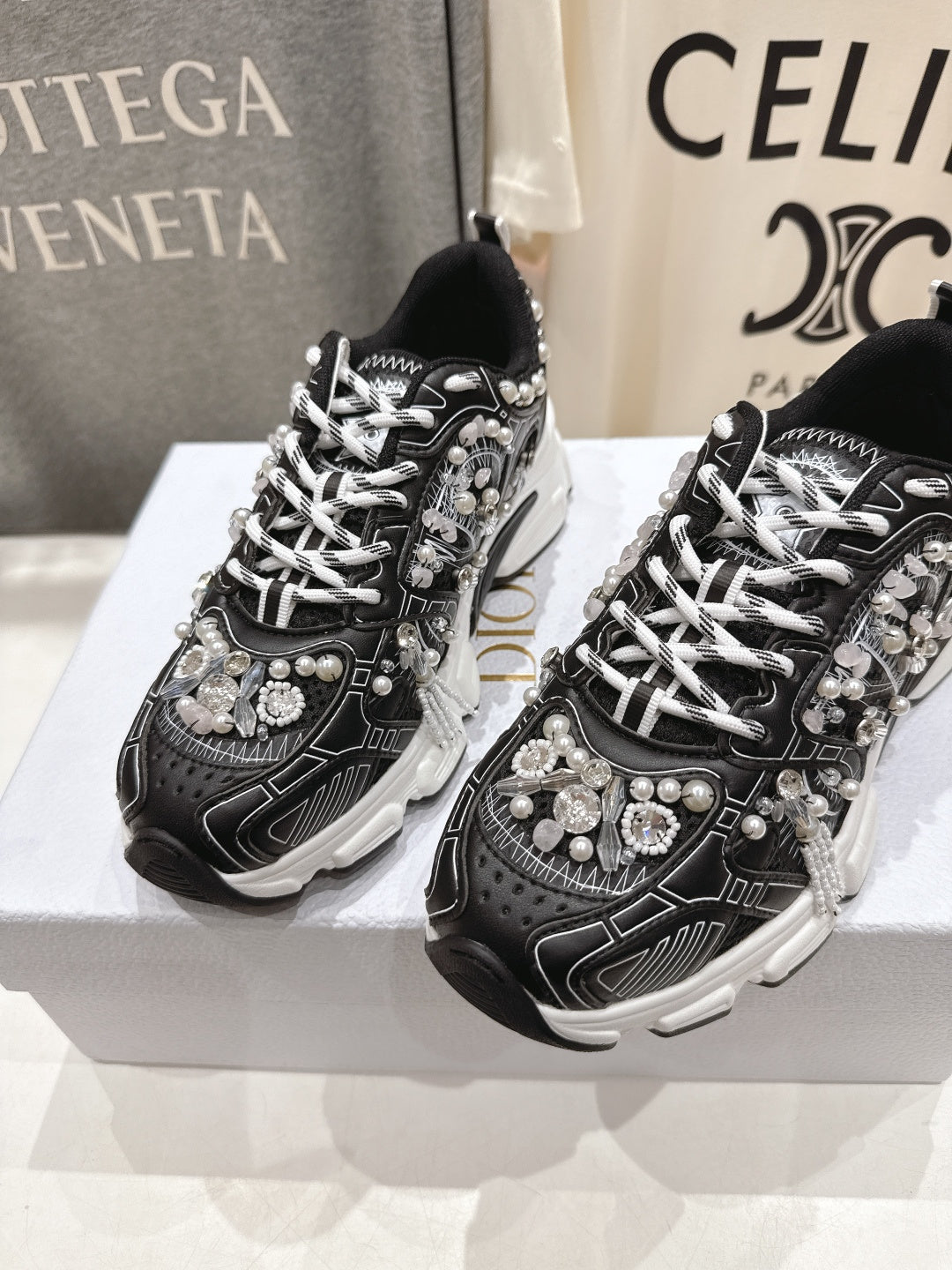 CD 25s Sneaker In Black Lambskin And Mesh Fabric With Pearl Detailing