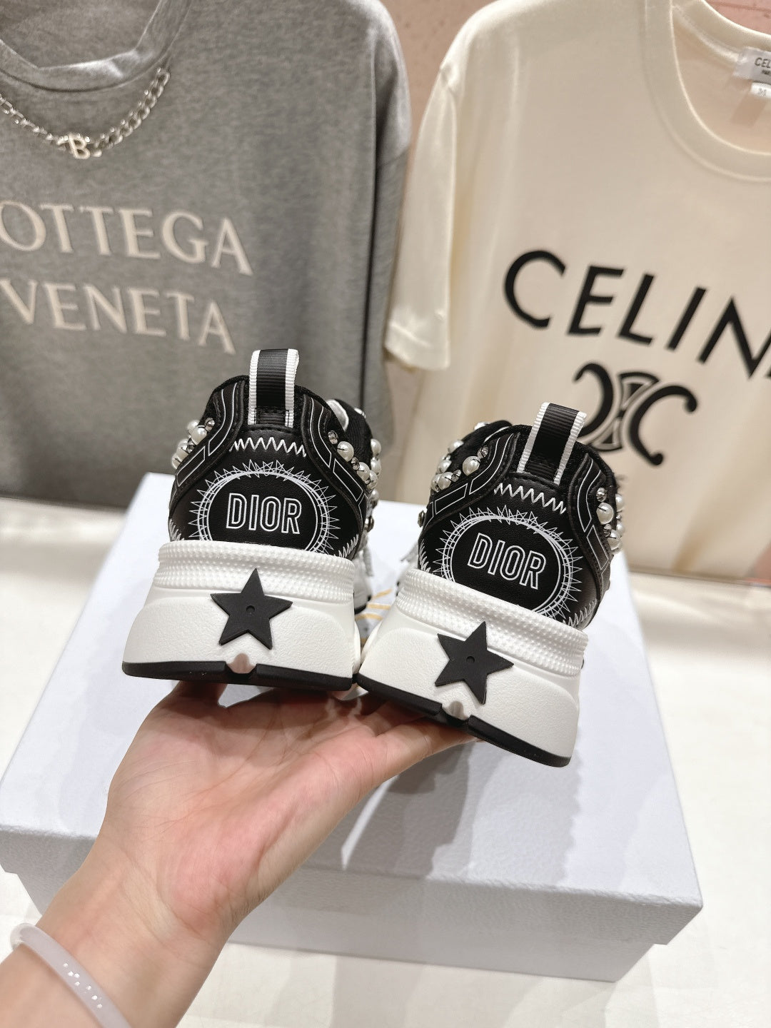 CD 25s Sneaker In Black Lambskin And Mesh Fabric With Pearl Detailing