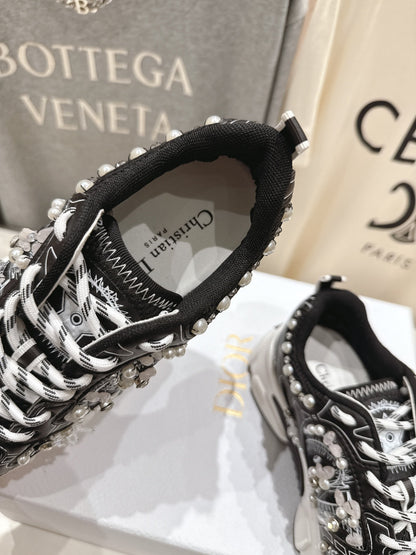 CD 25s Sneaker In Black Lambskin And Mesh Fabric With Pearl Detailing