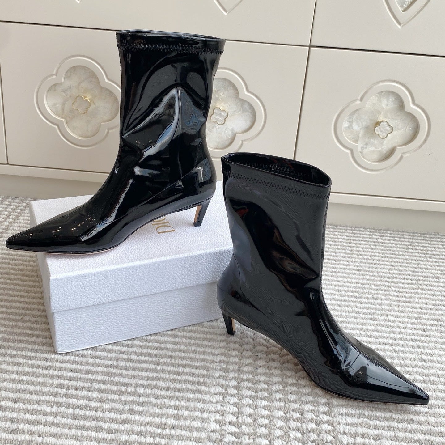 Dior 2025 Tribales Heeled Ankle Boot 50mm Black mix White Patent Leather 501190