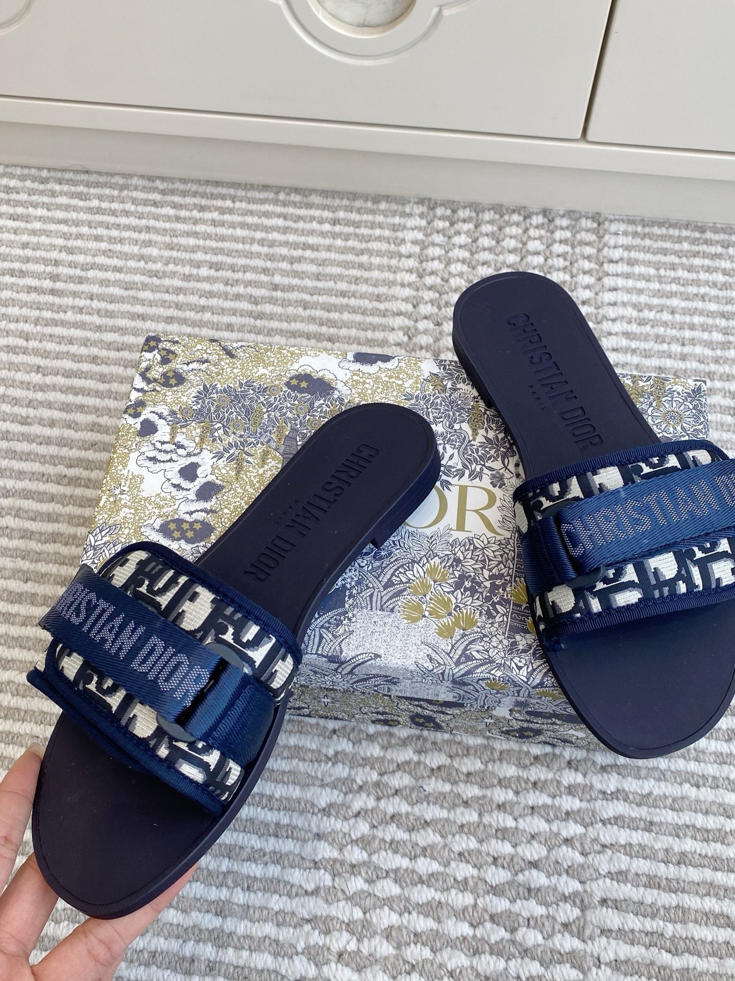 CD 26s Flat Slippers Navy Blue Monogram Canvas Rubber 648133
