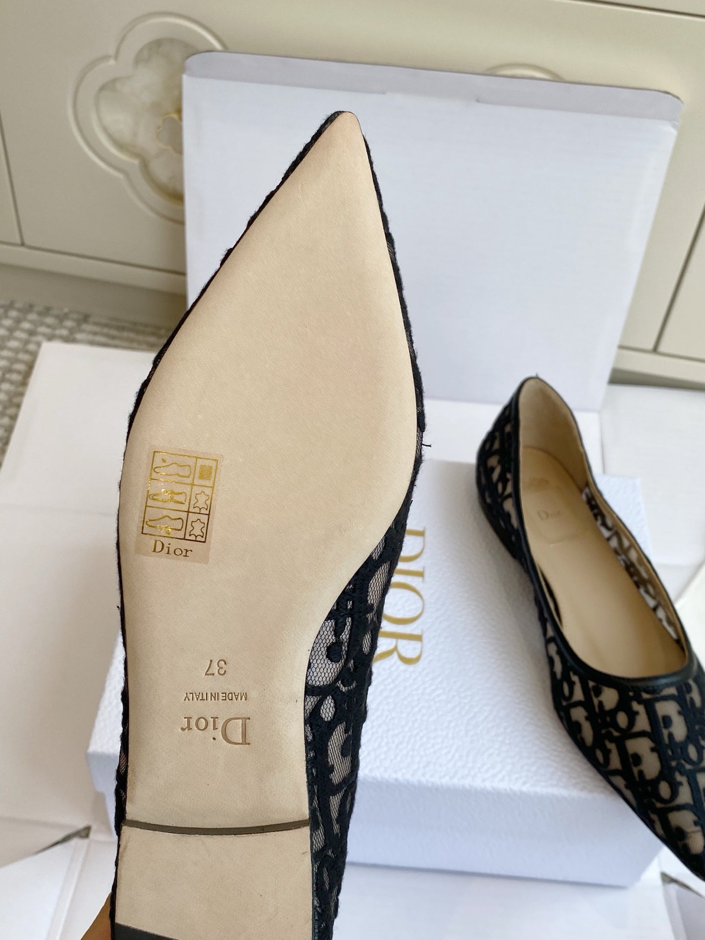 CD 26s Adioable Ballet Flat Monogram Beige Black Mesh Lambskin 909641