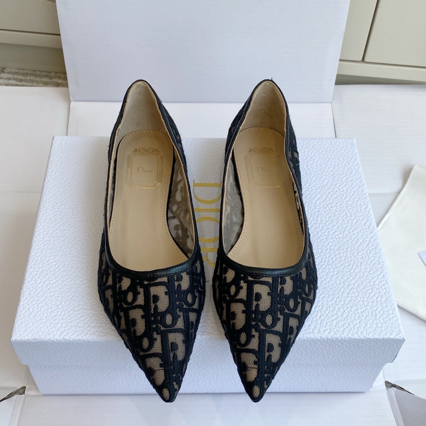 CD 26s Adioable Ballet Flat Monogram Beige Black Mesh Lambskin 909641