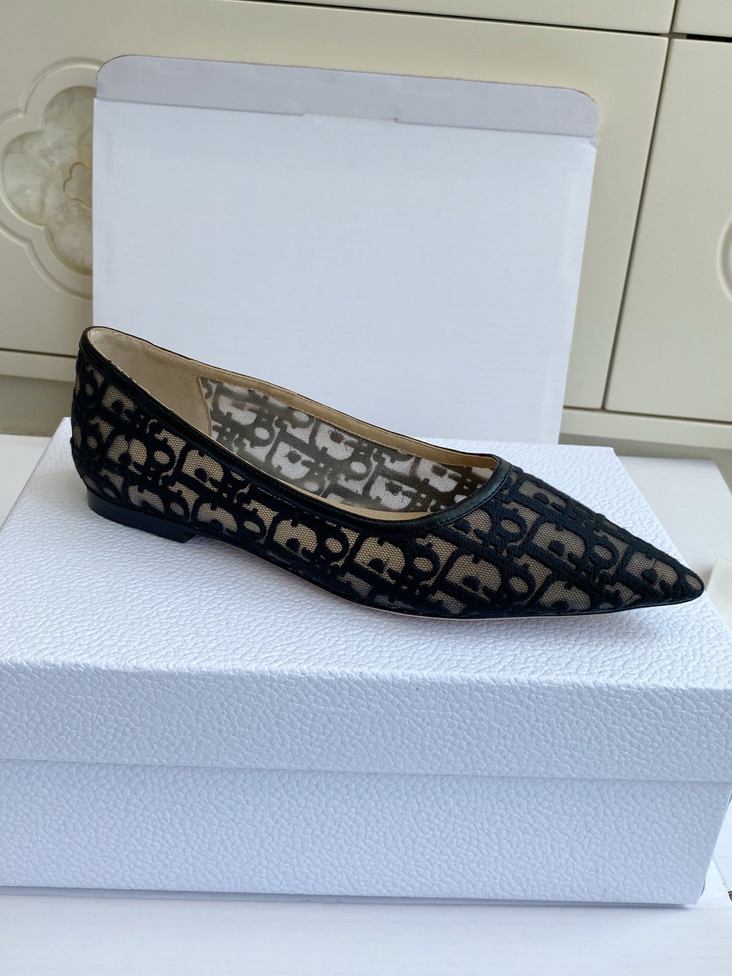 CD 26s Adioable Ballet Flat Monogram Beige Black Mesh Lambskin 909641