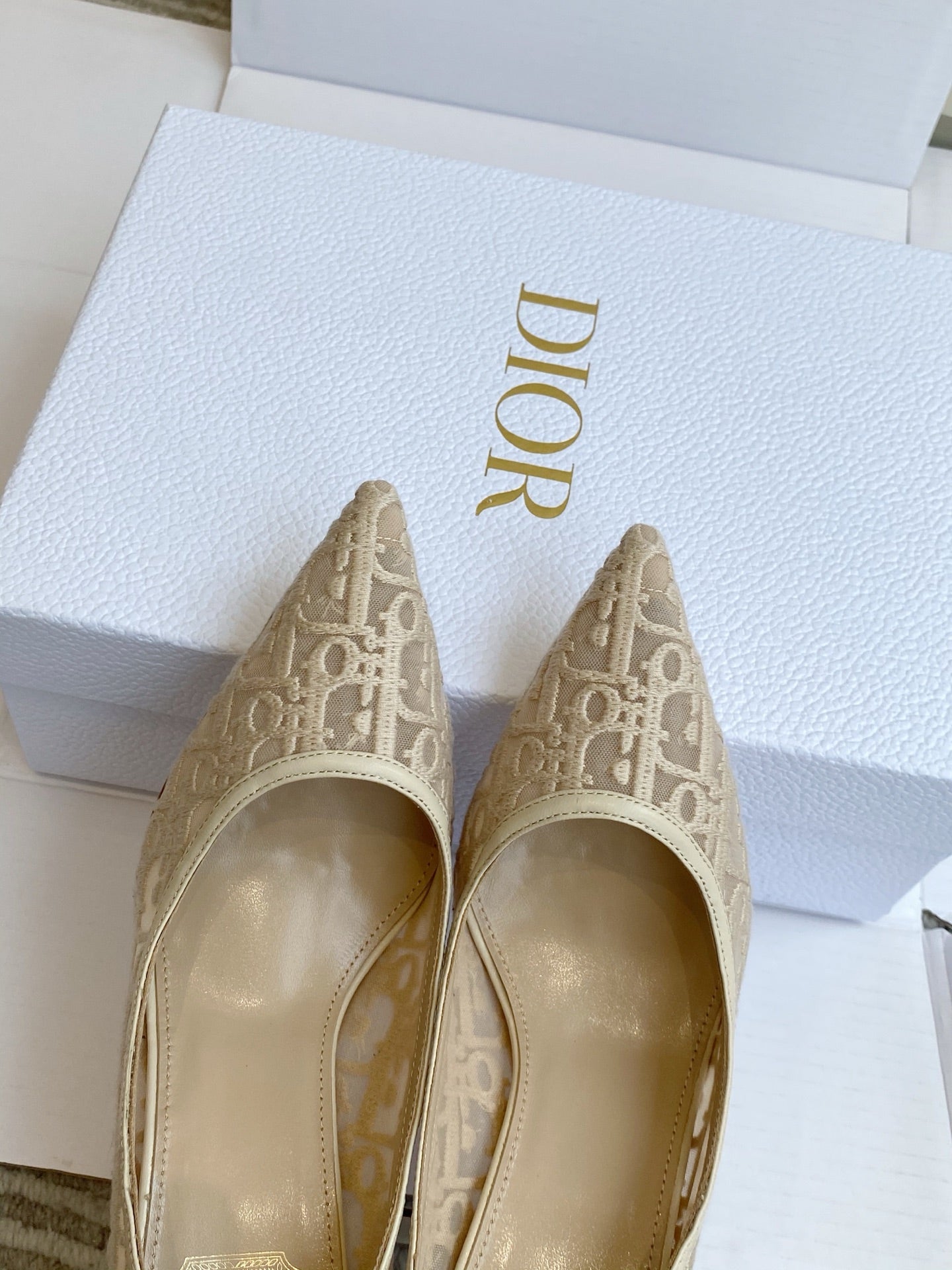 CD 26s Adioable Pump 8cm Monogram Beige Mesh Lambskin 909644