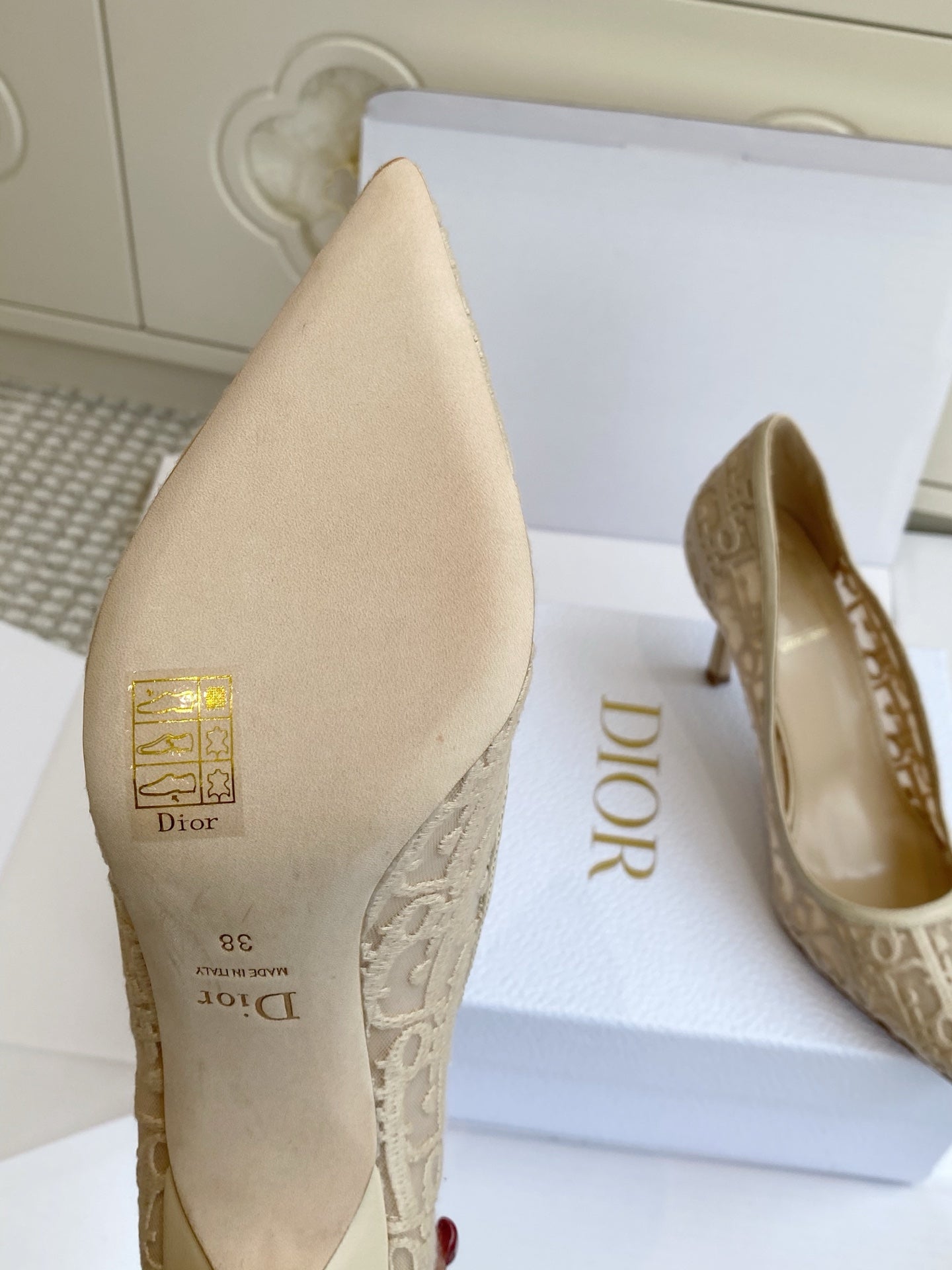 CD 26s Adioable Pump 8cm Monogram Beige Mesh Lambskin 909644