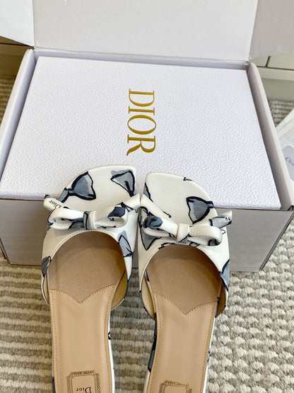 CD 26s Bow Kitten Flat Open Back Sandals White Blue Lambskin 909652
