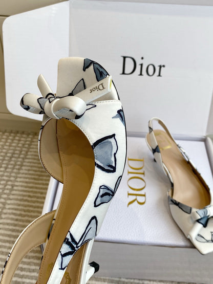CD 26s Bow Kitten Heel Open Back Sandals White Blue Lambskin 909653