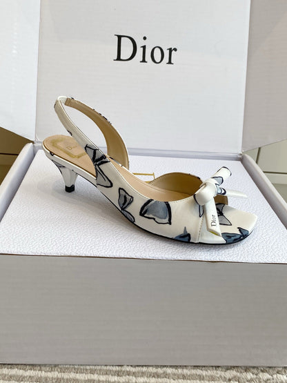 CD 26s Bow Kitten Heel Open Back Sandals White Blue Lambskin 909653