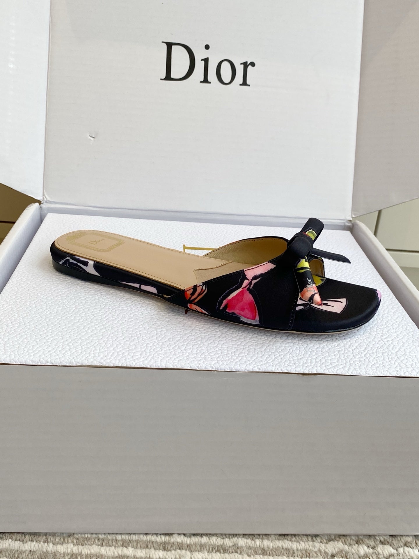 CD 26s Bow Kitten Flat Open Back Sandals Black Lambskin 909654