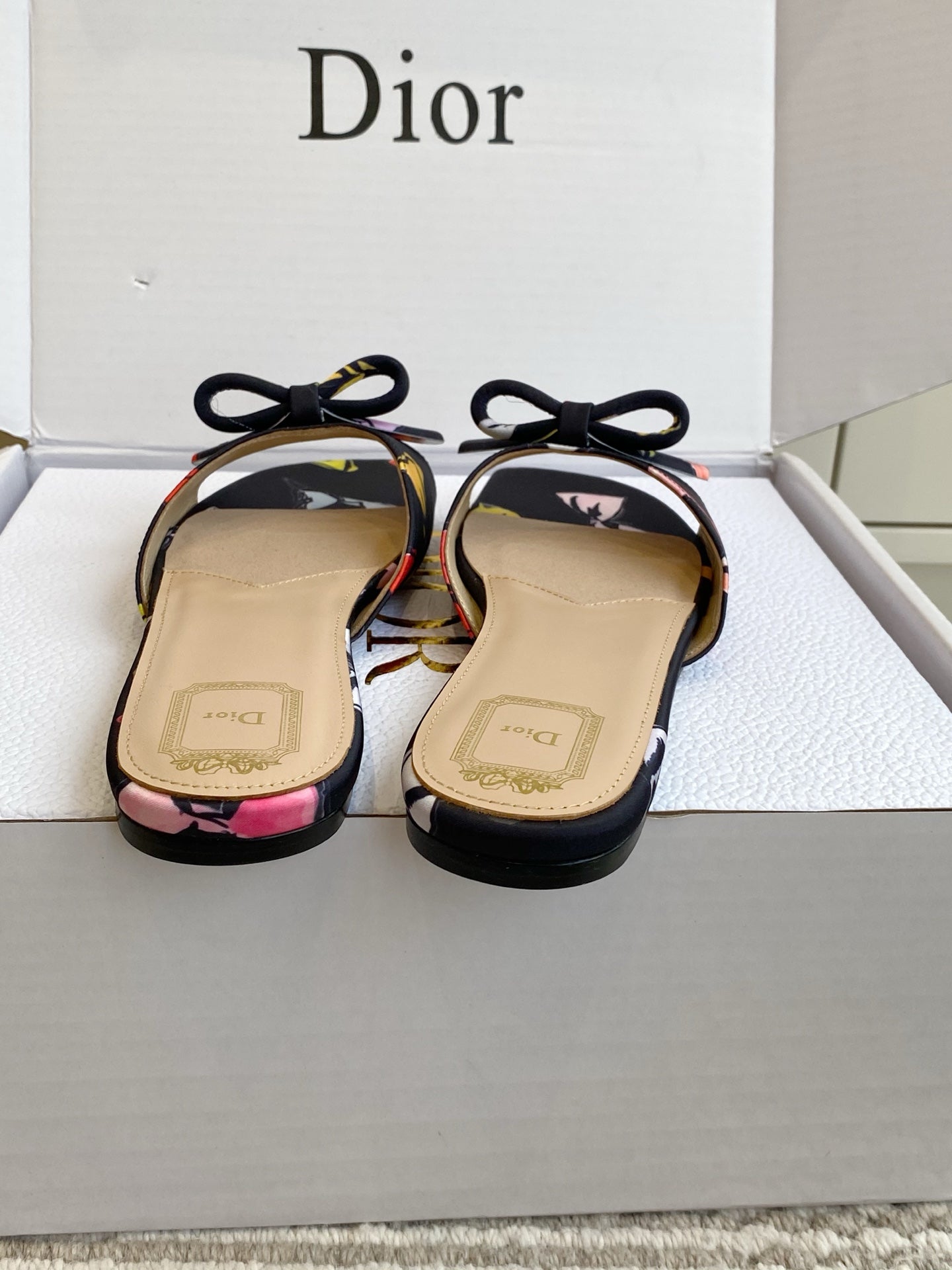 CD 26s Bow Kitten Flat Open Back Sandals Black Lambskin 909654