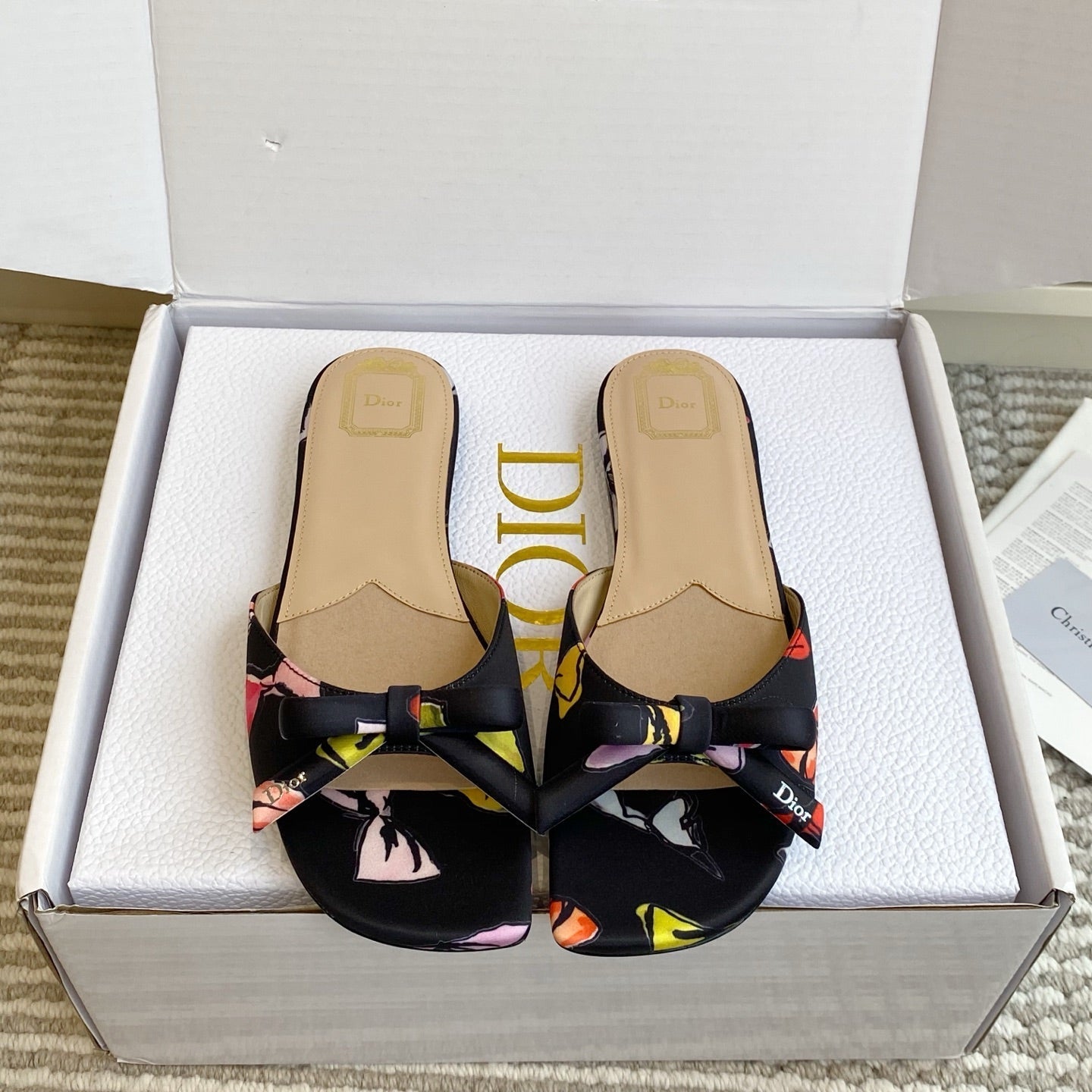CD 26s Bow Kitten Flat Open Back Sandals Black Lambskin 909654