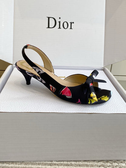 CD 26s Bow Kitten Heel Open Back Sandals Black Lambskin 909655