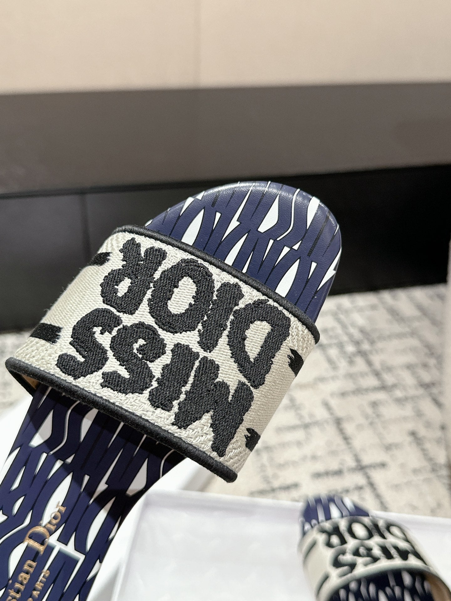 CD Dway Slide Deep Blue Mix White Black Embroidered Cotton