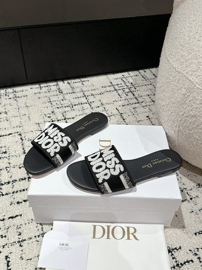 CD Dway Slide Black Mix White Embroidered Cotton