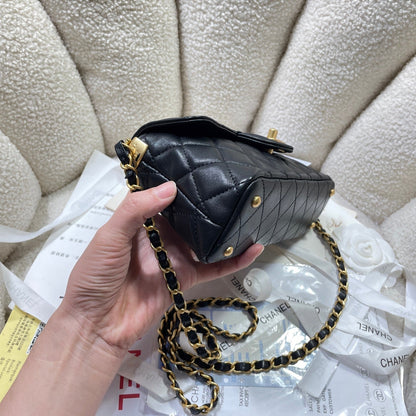 CC 25P Mini Flap Bag 22cm Top Handle Black Calfskin Gold Hardware