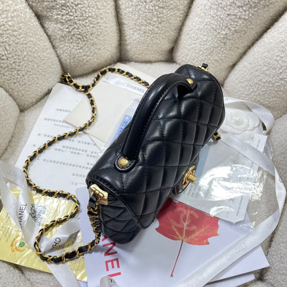 CC 25P Mini Flap Bag 20cm Top Handle Black Calfskin Gold Hardware