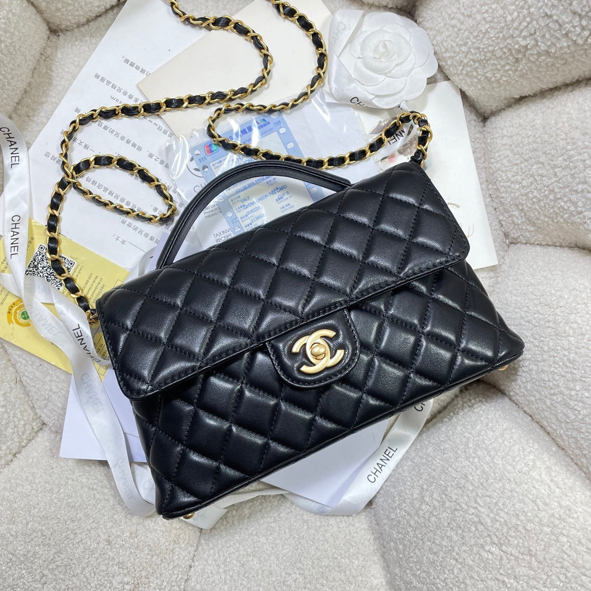 CC 25P Medium Flap Bag 25cm Top Handle Black Calfskin Gold Hardware