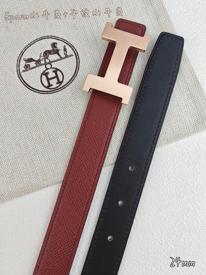 H Guillochee Buckle Belt 2.4cm Burgundy Espom 211246