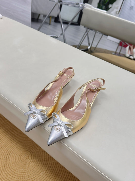 Bepointy Slingback Pumps Bow In Gold Mix Silver Metaliic Cowhide Pale Pink Sheepskin Linning 304248