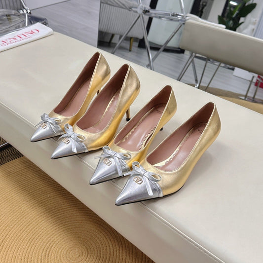Bepointy Pump Bow In Gold Mix Silver Metaliic Cowhide Pale Pink Sheepskin Linning 304250