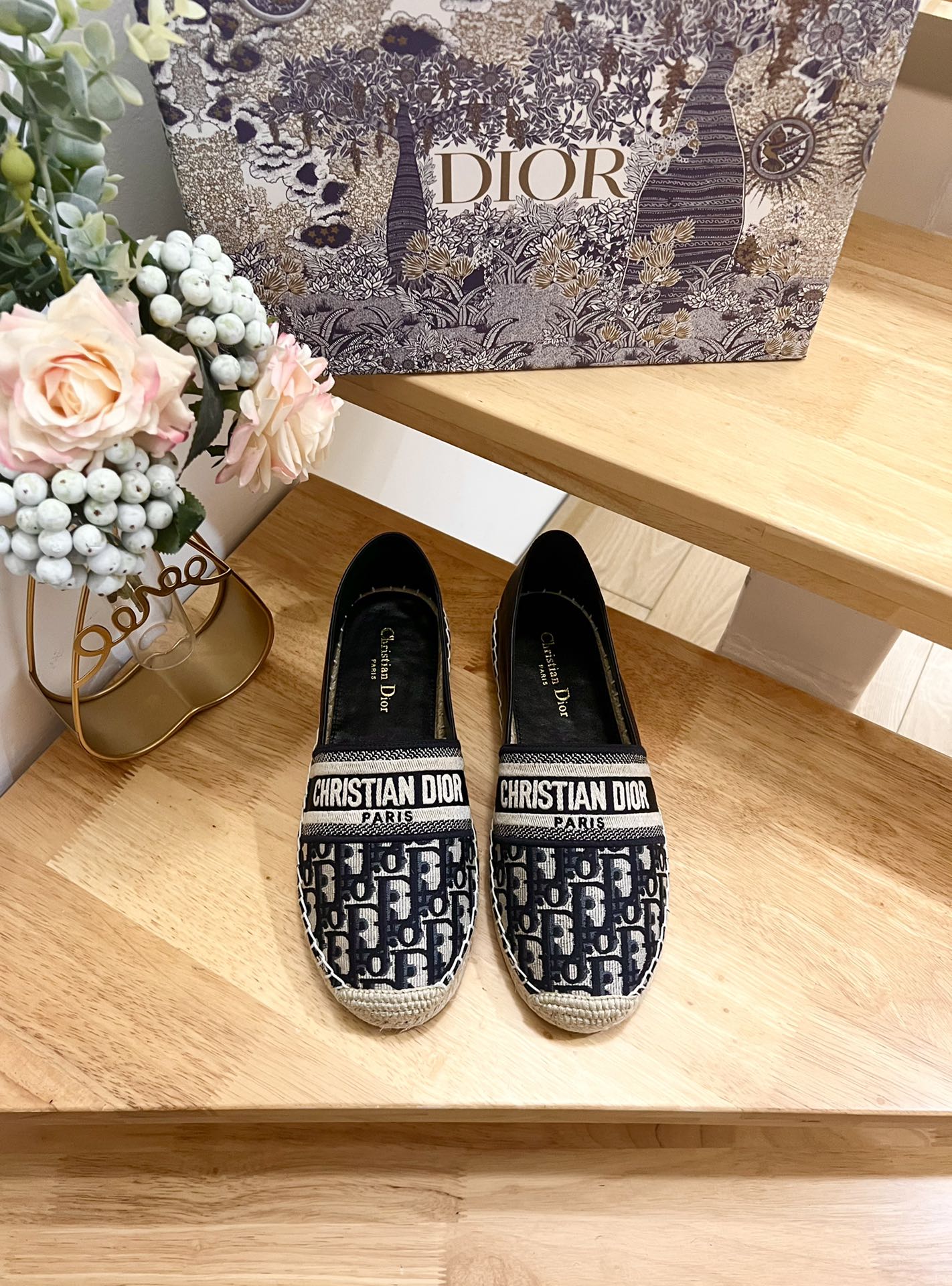 CD Granville Espadrille Charcoal Blue Black Oblique Jacquard Fabric And Calfskin