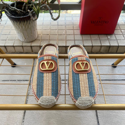 VLogo Signature Striped Espadrille Mules Beige Blue Raffia 692190