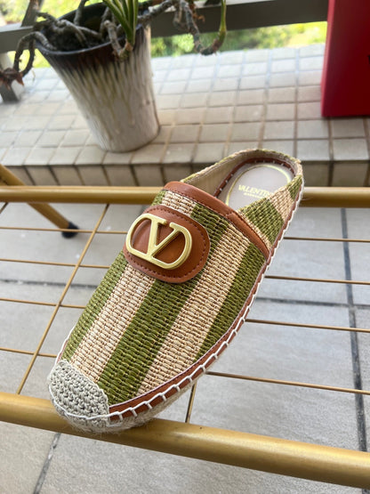 VLogo Signature Striped Espadrille Mules Beige Green Raffia