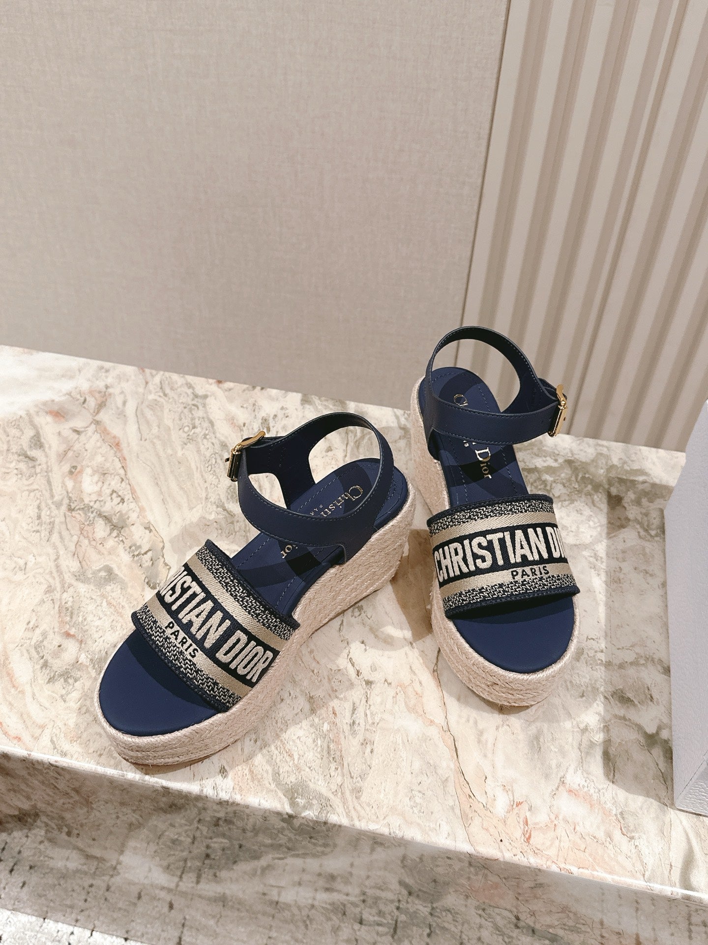 CD Dway Wedge  Sandal 85mm Deep Blue Calfskin and Embroidered 483077