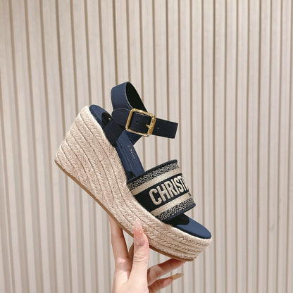 CD Dway Wedge  Sandal 85mm Deep Blue Calfskin and Embroidered 483077