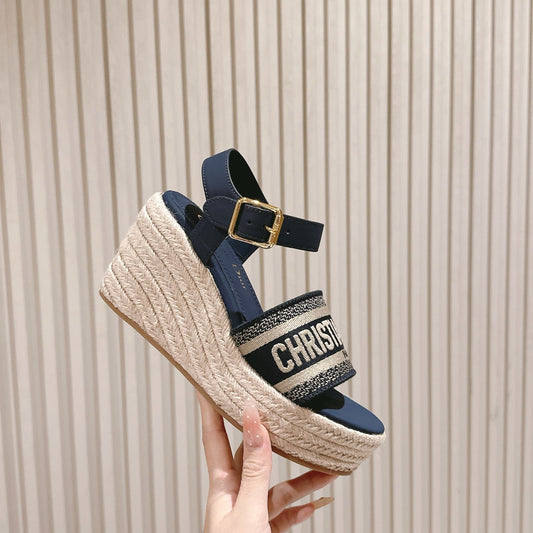 CD Dway Wedge  Sandal 85mm Deep Blue Calfskin and Embroidered 483077