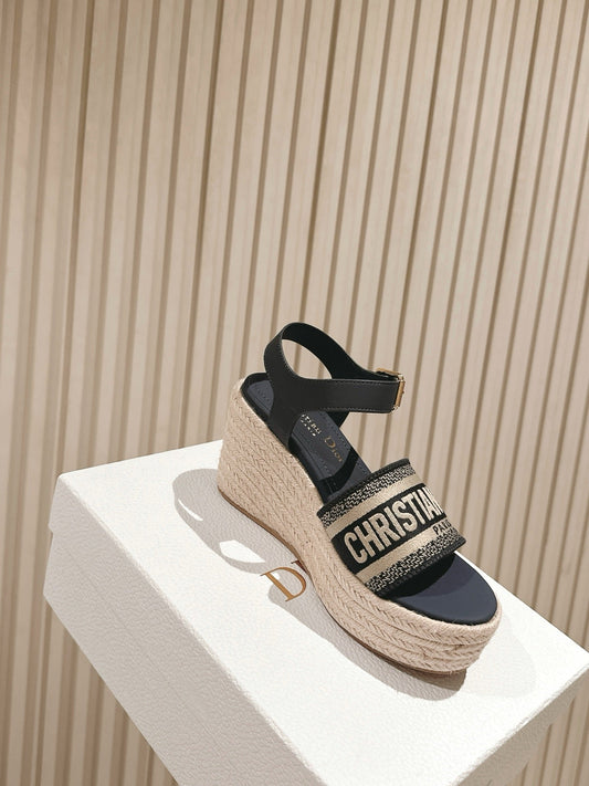CD Dway Wedge  Sandal 85mm Deep Blue Calfskin and Embroidered 483077