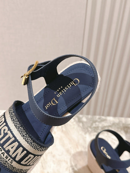 CD Dway Wedge  Sandal 85mm Deep Blue Calfskin and Embroidered 483077
