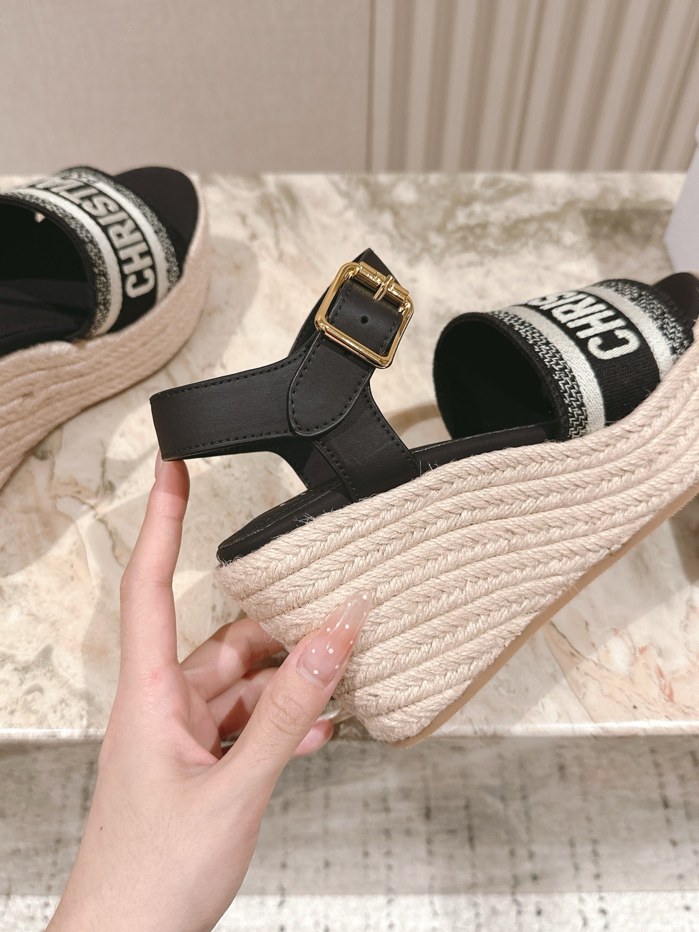 CD Dway Wedge  Sandal 85mm Black Calfskin and Embroidered 483078