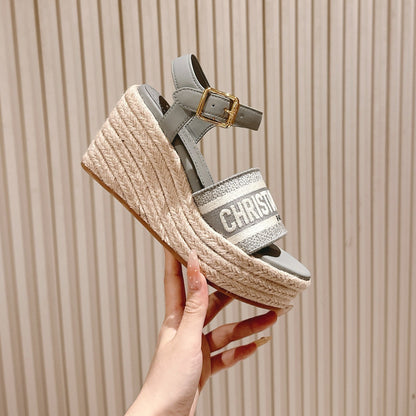 CD Dway Wedge  Sandal 85mm Warm gray-brown Calfskin and Embroidered 483079
