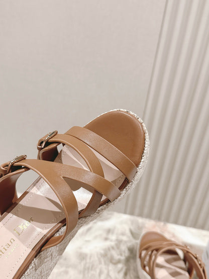 CD Wedge Hemp Sandal 85mm Brown Beige  Lambskin 483083