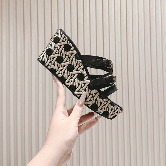 CD L'Amazone Wedge Slide 85mm Black  Calfskin and Raffia  483084