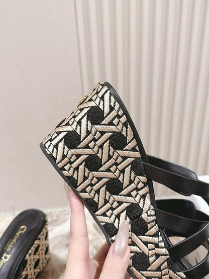 CD L'Amazone Wedge Slide 85mm Black  Calfskin and Raffia  483084