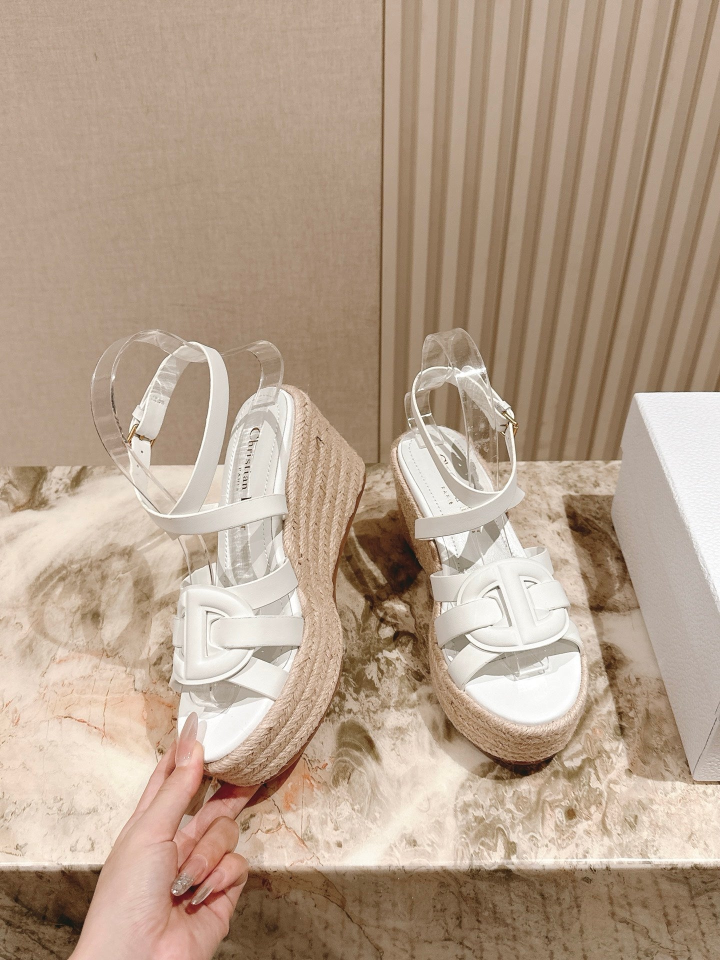 CD D-Club Wedge Sandal 85mm White Calfskin 483080