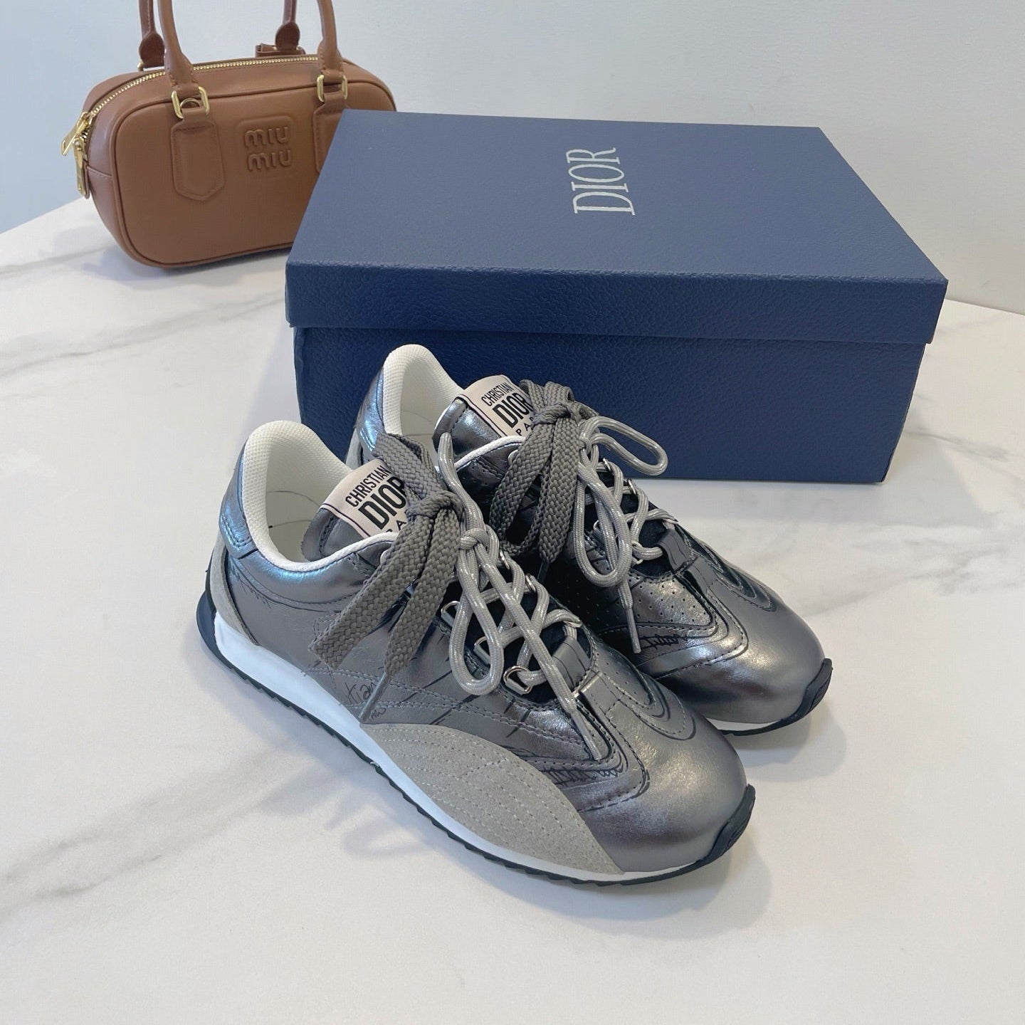 CD 26s D-Sketch Sneakers Sliver Taupe Suede Lambskin 908094