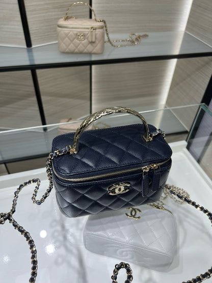CC 25S Small Vanity 17cm Dark Blue Grained Calfskin Light Gold Hardware