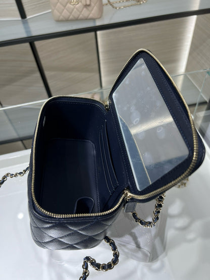 CC 25S Small Vanity 17cm Dark Blue Grained Calfskin Light Gold Hardware