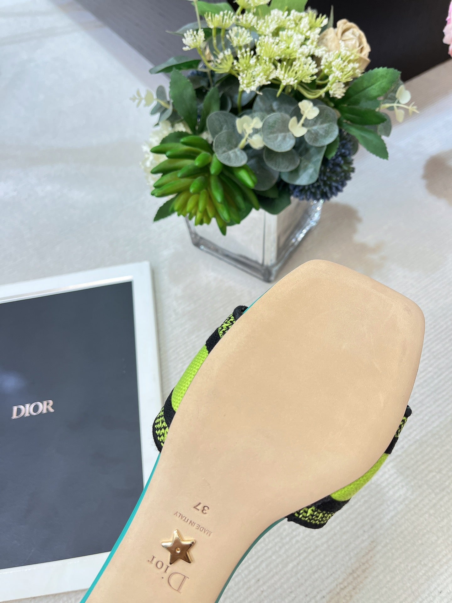dway heeled slide 35 lime blue embroidered cotton