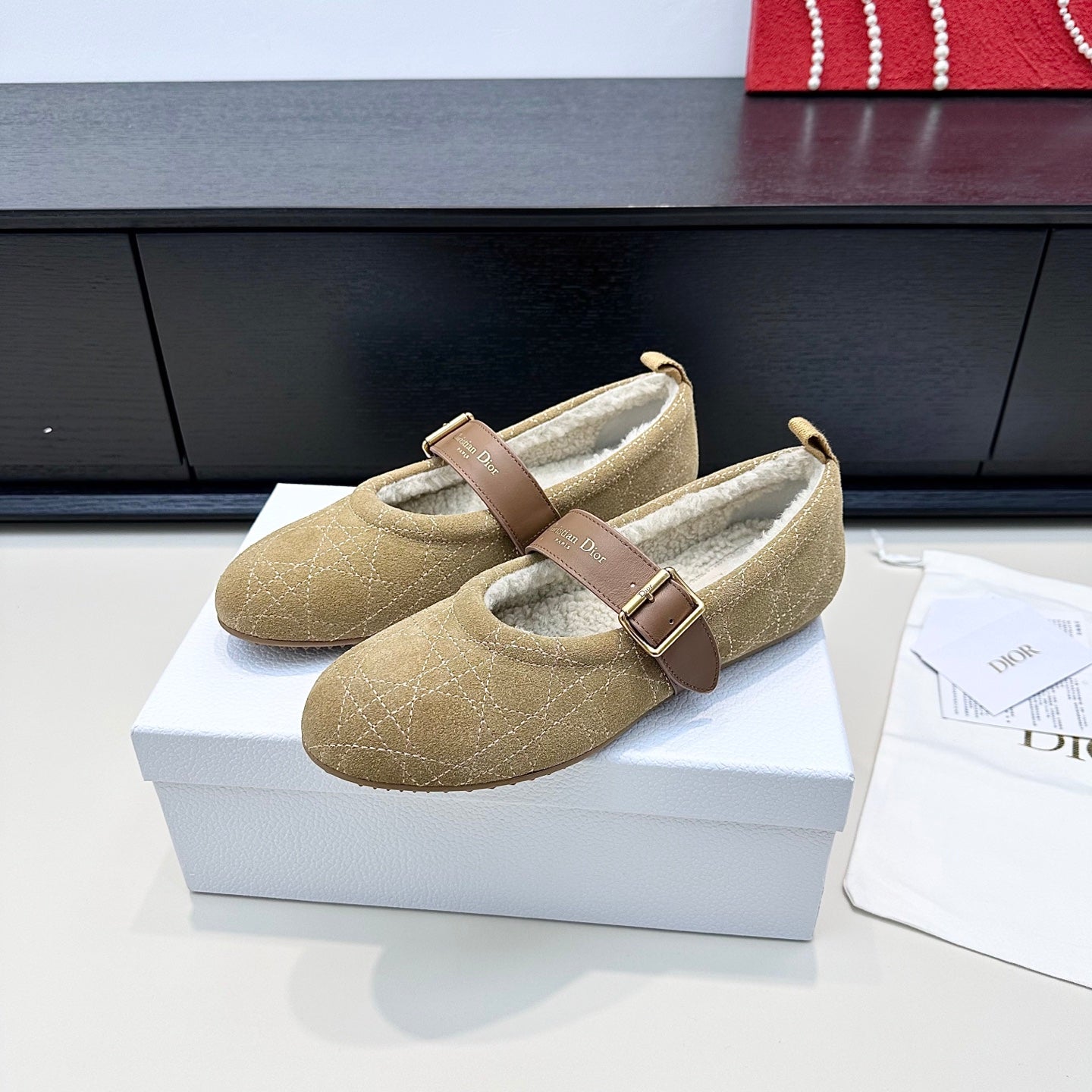 CD 26s Frost Ballet Flat In Light Brown Cannage Suede And Calfskin