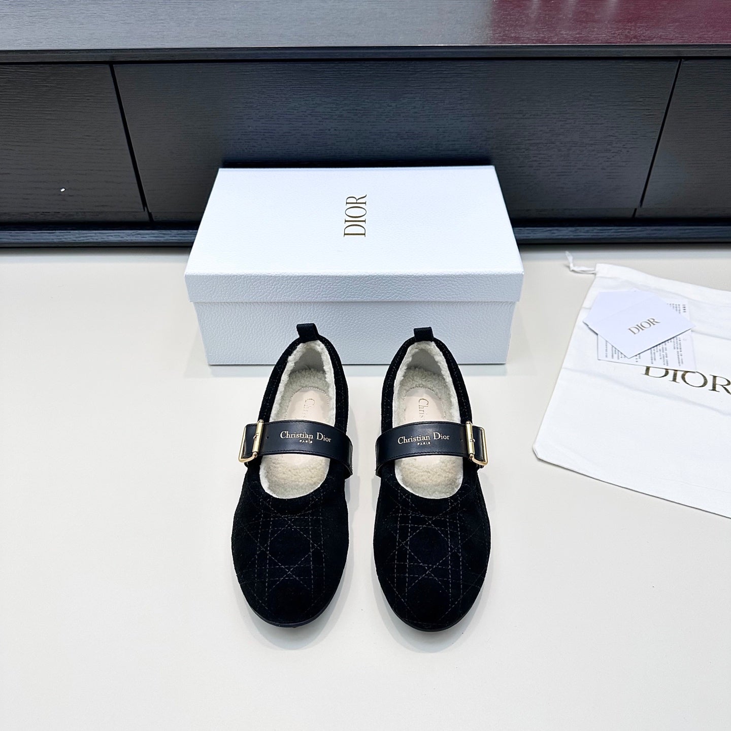 CD 26s Frost Ballet Flat In Black Cannage Suede And Calfskin